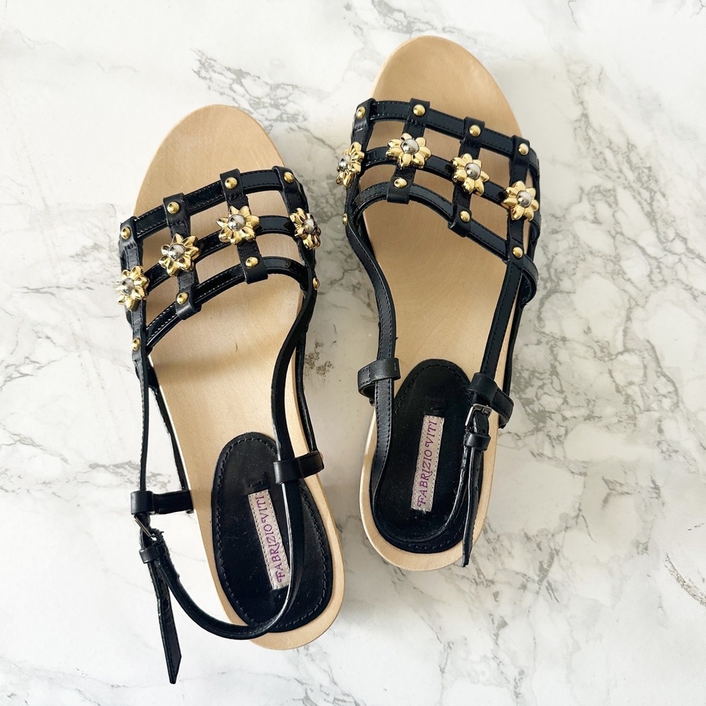 Fabrizio Viti Daisy Cage Black Leather Wooden Clog Sandals EU‎ 38 US 8